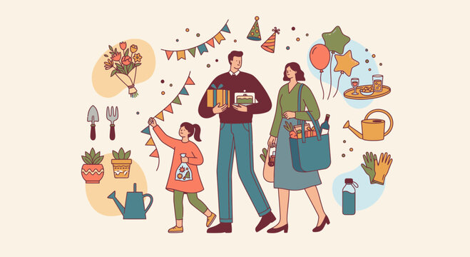 Illustration of a happy family carrying shopping bags and gifts with decorative party elements and plants surrounding them.