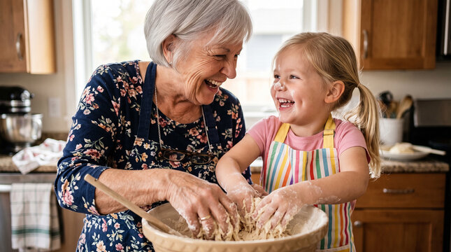 Happy grandmother and granddaughter laughing while kneading dough in a sunny kitchen. Concept of intergenerational bonding, family traditions, baking, and childhood happiness at home.