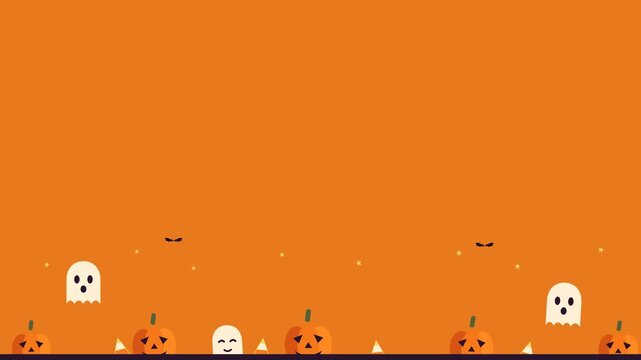 Halloween Cute Ghosts Peeking with Pumpkins Candy Corn and Bats Along Bottom Border on Orange Background, Seamless 4K Motion Graphic with Large Copy Space for Seasonal Promotion