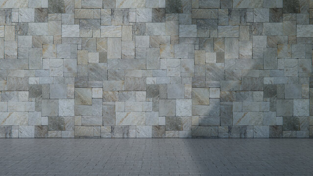 Close up of Quartzite Ashlar Stone Wall texture in Slanting Sunlight with Cast Shadows. Construction Concept with copy-space.