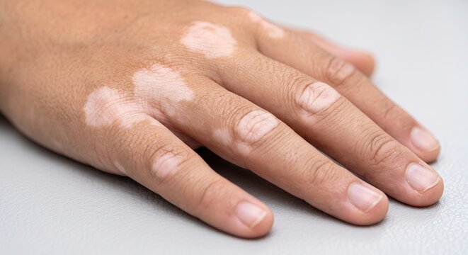 Close-up view of a person's hand affected by vitiligo showing skin pigmentation loss