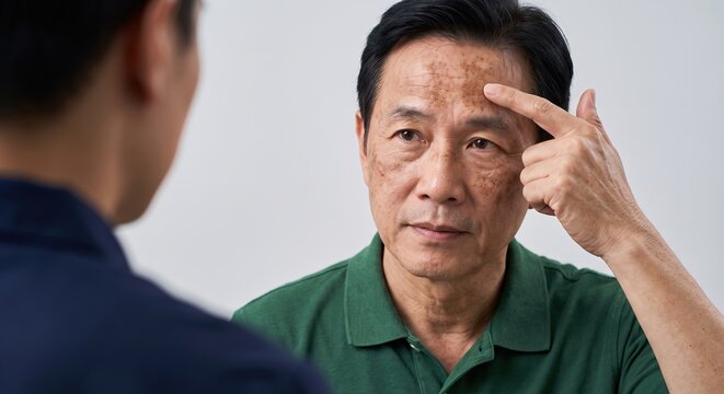 Mature Asian man consulting a doctor and pointing at melasma or age spots on his forehead