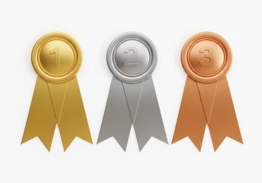 Three competition ribbons in gold, silver, and bronze colors