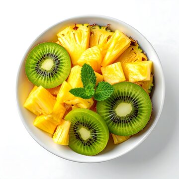 Fresh kiwi and pineapple chunks in a white bowl.