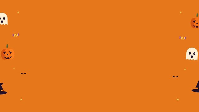 Halloween Ghost Pumpkin Witch Hat and Candy Side Border on Orange Background with Large Center Copy Space, Seamless 4K Spooky Motion Graphic for Party, Sale and Seasonal Promotion