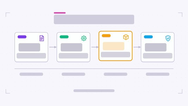 Seamless 4K looping animation of a process blocks infographic template with four blocks cascading. Flat vector shapes, icons and grey text placeholders animate on a clean light background in blue and 