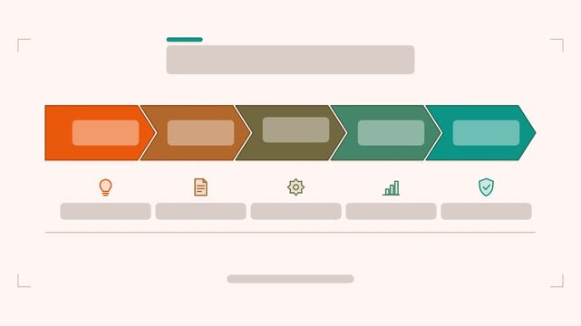 Seamless 4K looping animation of a step arrows infographic template with chevrons sliding. Flat vector shapes, icons and grey text placeholders animate on a clean light background in yellow and gold t