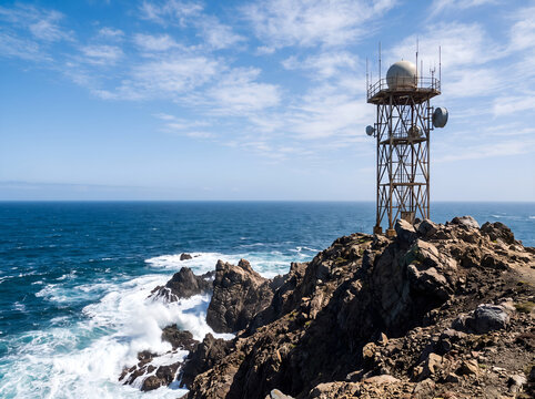 Coastal weather monitoring station with radar tower on a rocky cliff above the ocean