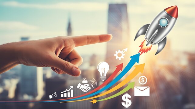 Business hand launching a rocket with rising arrows representing startup growth and success