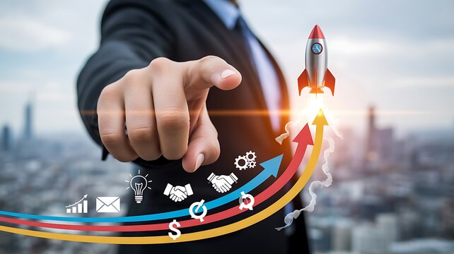 Business hand launching a rocket with rising arrows representing startup growth and success