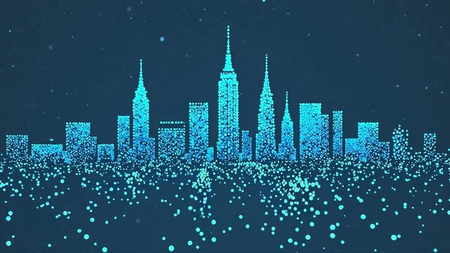 Blue city skyline with glowing dots
