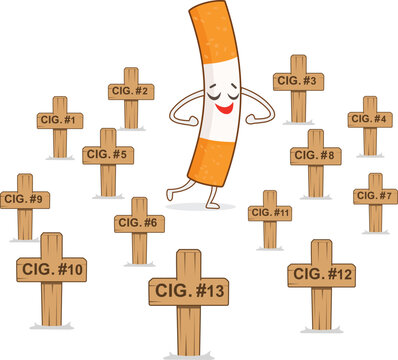 Smoking cessation and health danger concept vector illustration. Smiling cigarette character dancing in a graveyard surrounded by wooden crosses marked CIG