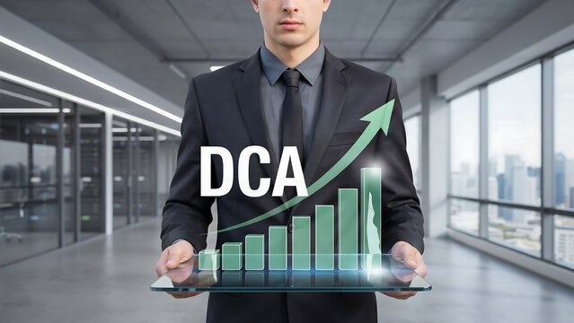Business professional presenting dca growth chart with rising arrow in modern corporate office