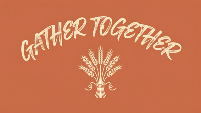 Gather together text with a wheat sheaf on a solid terracotta orange background, for autumn harvest, and thanksgiving themes