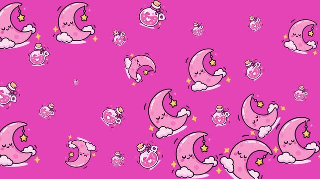 Pink halloween background featuring pattern of cute moon faces tiny potion bottles and sparkles with seamless looping zoom in zoom out animation.
