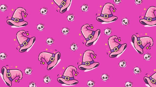 Pink halloween background featuring pattern of cute skulls, witch hats, bows with seamless looping animation