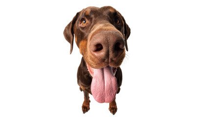 Brown Doberman dog with tongue hanging out, isolated on transparent background © Petra