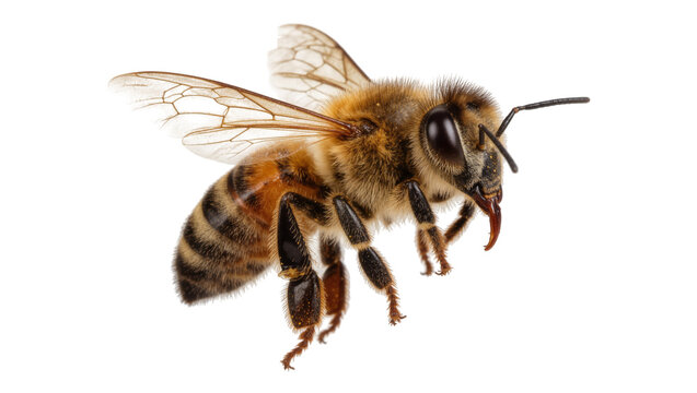 Detailed honey bee with fuzzy body and striped abdomen, isolated on transparent background