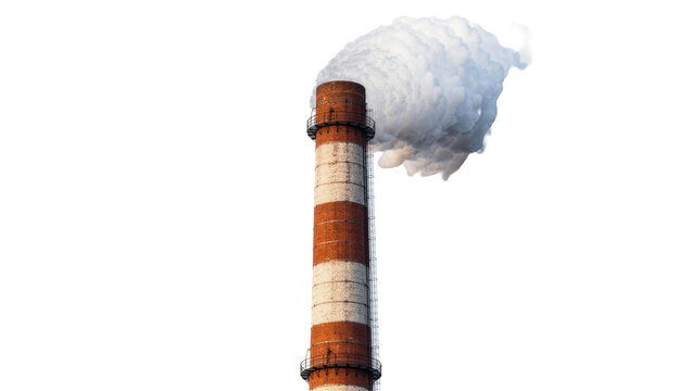 Industrial brick chimney with red and white stripes emitting smoke, isolated on transparent background