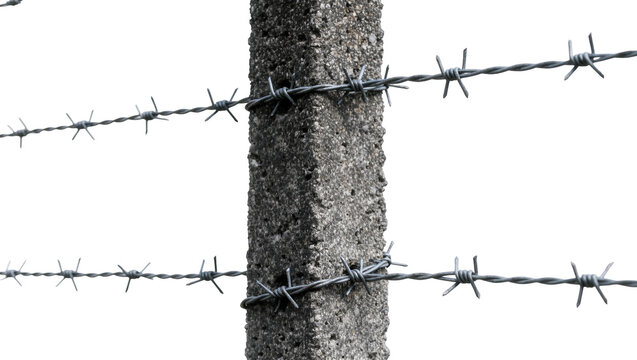Rough concrete fence post with sharp barbed wire strands, isolated on transparent background