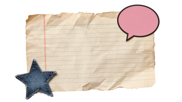 Torn lined paper with denim star and pink speech bubble, isolated on transparent background