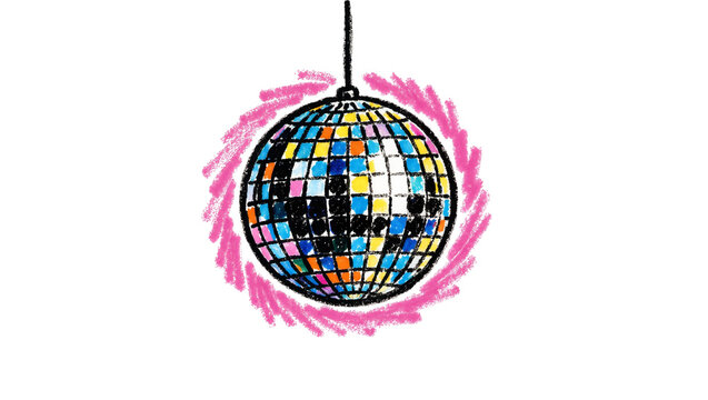 Colorful disco ball with pink brush strokes, isolated on transparent background