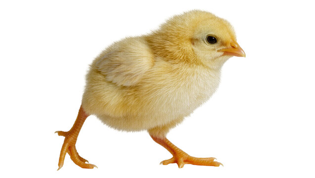 Fluffy yellow chick with orange legs, isolated on transparent background