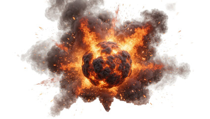 Intense fiery explosion with dark smoke and glowing embers, isolated on transparent background © Petra