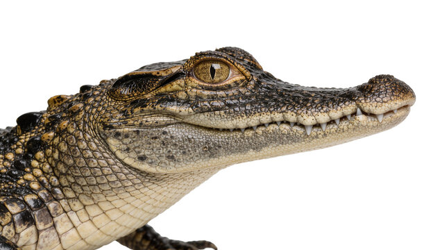 Young crocodile head with textured scales and sharp teeth, isolated on transparent background