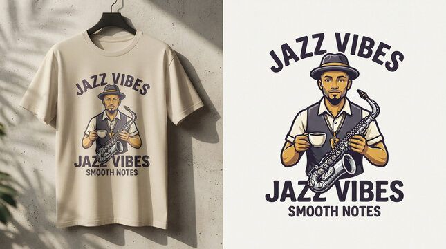 Jazz Vibes TShirt Design Featuring a Saxophone Player Illustration.