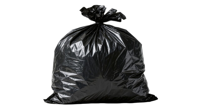 Full black garbage bag tied with a knot, isolated on transparent background