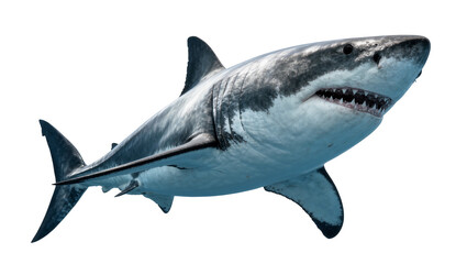 Obraz premium Great white shark with sharp teeth and dark grey markings, isolated on transparent background