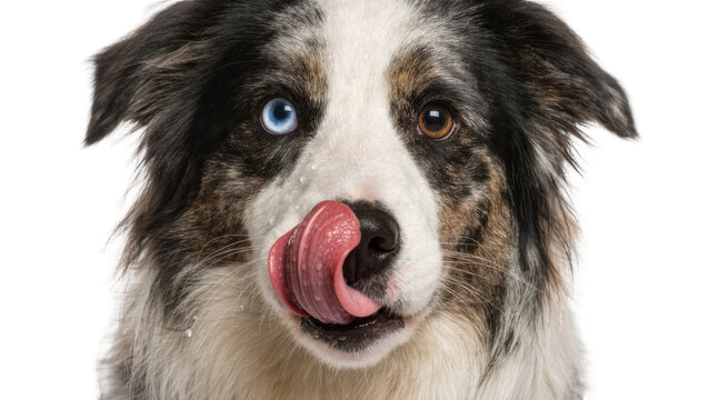 Merle Australian Shepherd dog with heterochromia licking its nose, isolated on transparent background