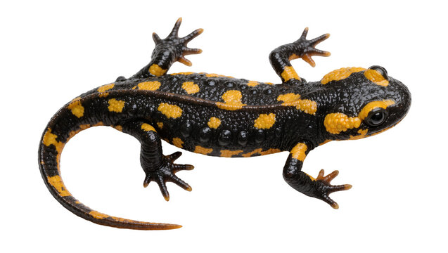 Black and yellow spotted salamander with textured skin, isolated on transparent background