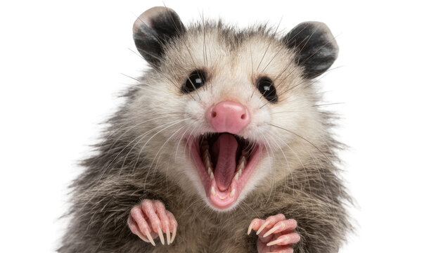 Furry opossum with open mouth and sharp teeth, isolated on transparent background