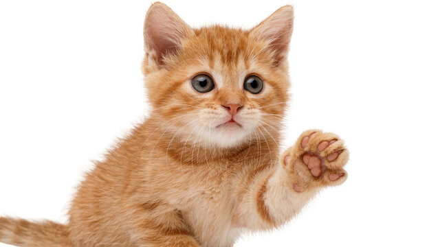 Cute orange tabby kitten raising paw, isolated on transparent background