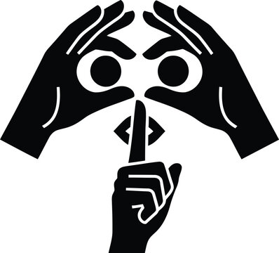 Hands making binoculars gesture with a finger over lips for silence, concept of secret observation or surveillance