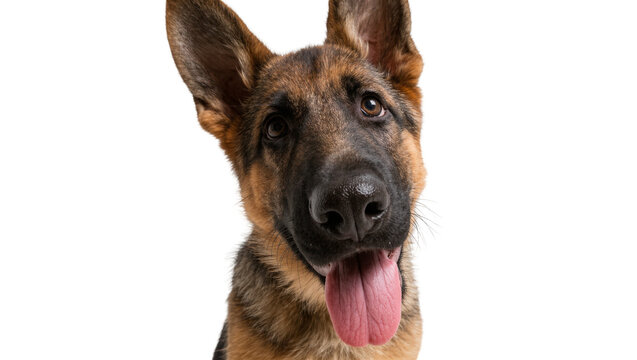 German Shepherd dog head tilted curiously panting with tongue out, isolated on transparent background