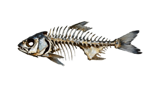 Detailed fish skeleton with sharp teeth and fins, isolated on transparent background