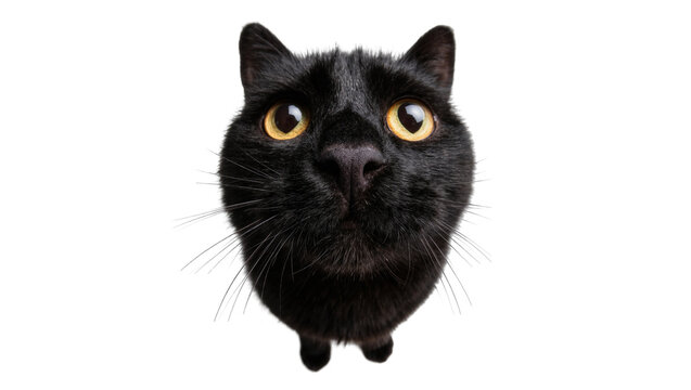 Curious black cat with wide yellow eyes, isolated on transparent background
