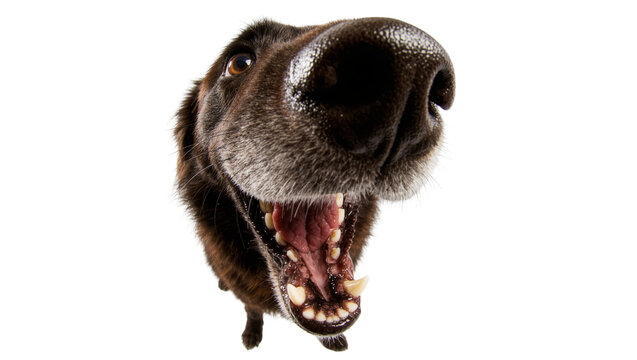 Close-up extreme wide angle shot of a black dog s open mouth and snout, isolated on transparent background