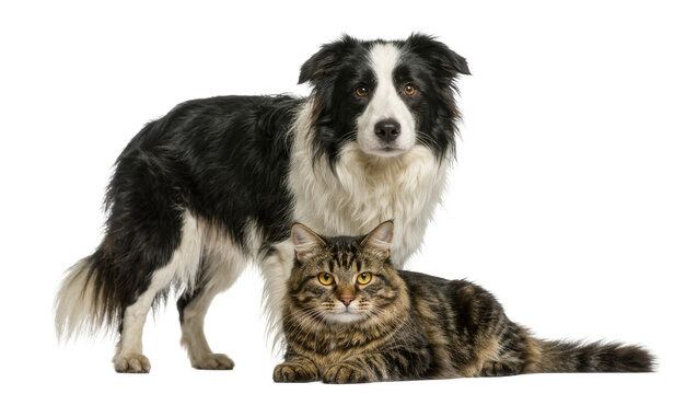 Black and white Border Collie dog standing behind a tabby cat lying down, isolated on transparent background