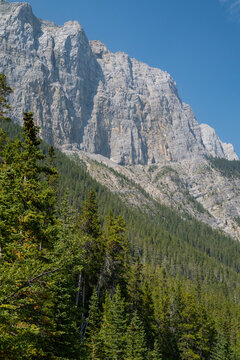Beautiful view to green forest and rocky mountain near Grassi Lake