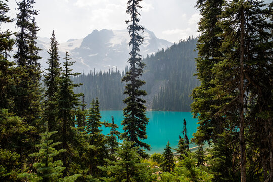 Beautiful view to Joffre Lake with blue water and glacial mountains