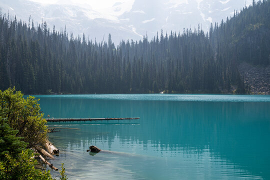 Beautiful view to Joffre Lake with blue water and glacial mountains