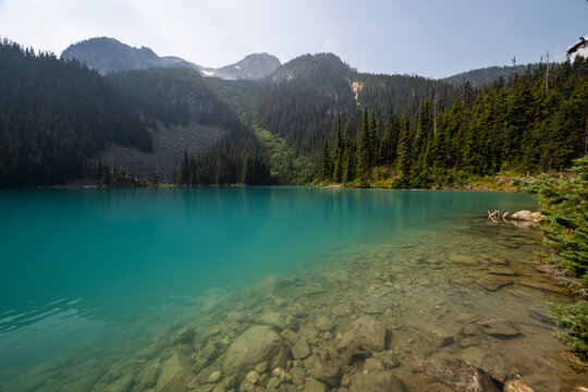 Beautiful view to Joffre Lake with blue water and glacial mountains
