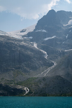 Beautiful view to Joffre Lake with blue water and glacial mountains