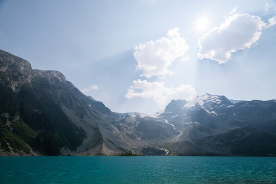 Beautiful view to Joffre Lake with blue water and glacial mountains