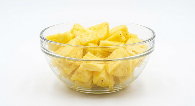 Glass bowl filled with fresh pineapple chunks, isolated on a white background.

