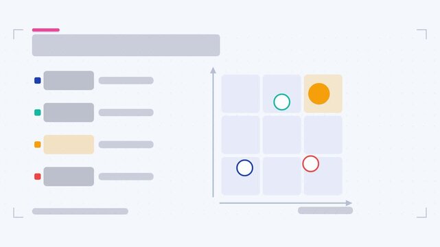 Seamless 4K looping animation of a option matrix infographic template with options highlighting. Flat vector shapes, icons and grey text placeholders animate on a clean light background in teal and tu
